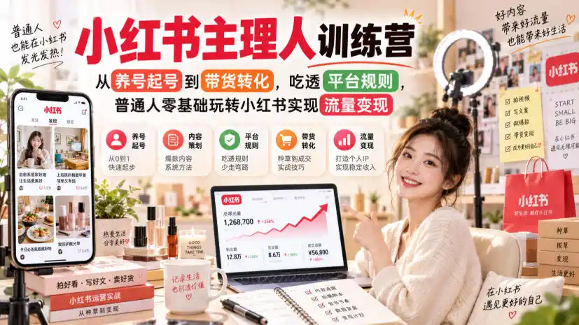 小红书主理人训练营，从养号起号到带货转化，吃透平台规则，普通人零基础玩转小红书实现流量变现-聚创源