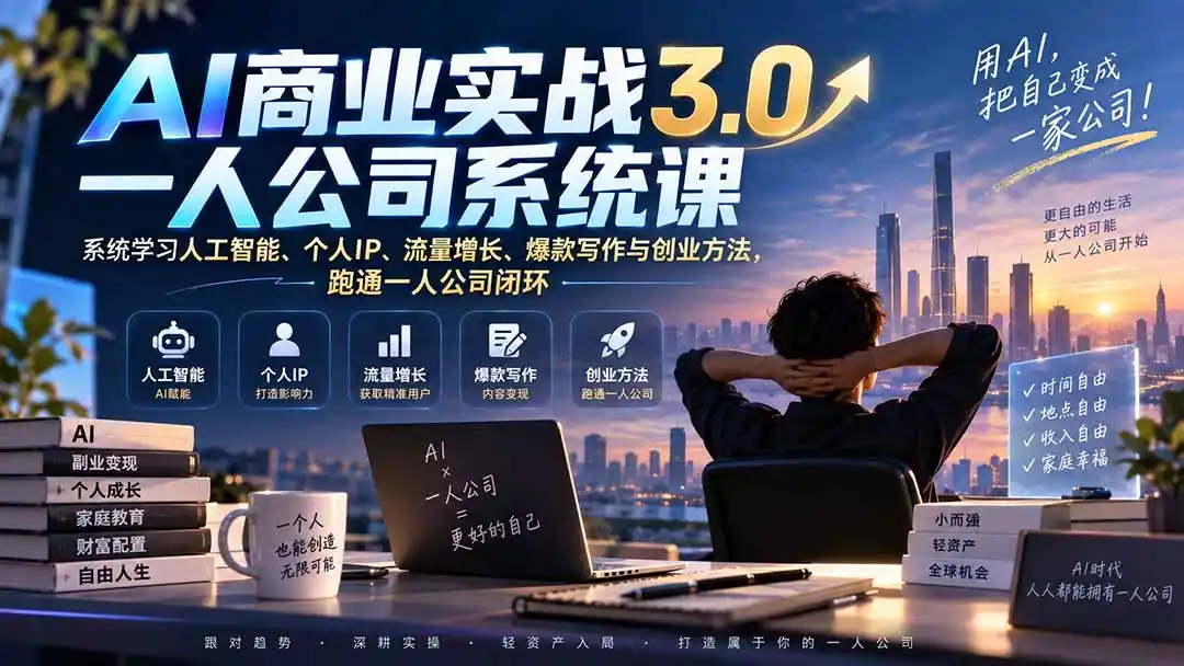 AI商业实战3.0一人公司系统课：系统学习人工智能、个人IP、流量增长、爆款写作与创业方法，跑通一人公司闭环-聚创源