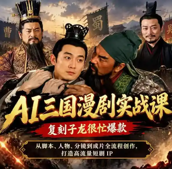 抖音14W粉博主同款AI三国漫剧实战课,复刻子龙很忙爆款,从脚本、人物、分镜到成片全流程创作,打造高流量短剧IP-聚创源