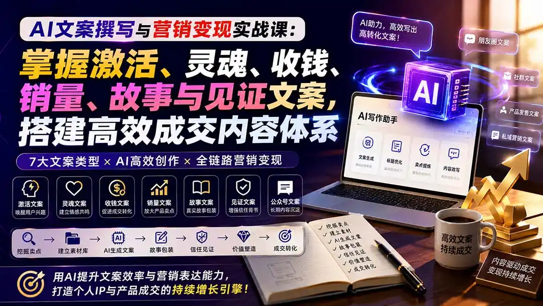 AI文案撰写与营销变现实战课：掌握激活、灵魂、收钱、销量、故事与见证文案，搭建高效成交内容体系-聚创源