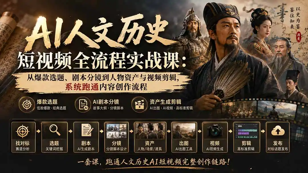 AI人文历史短视频全流程实战课-更新:从爆款选题、剧本分镜到人物资产与视频剪辑,系统跑通内容创作流程-聚创源