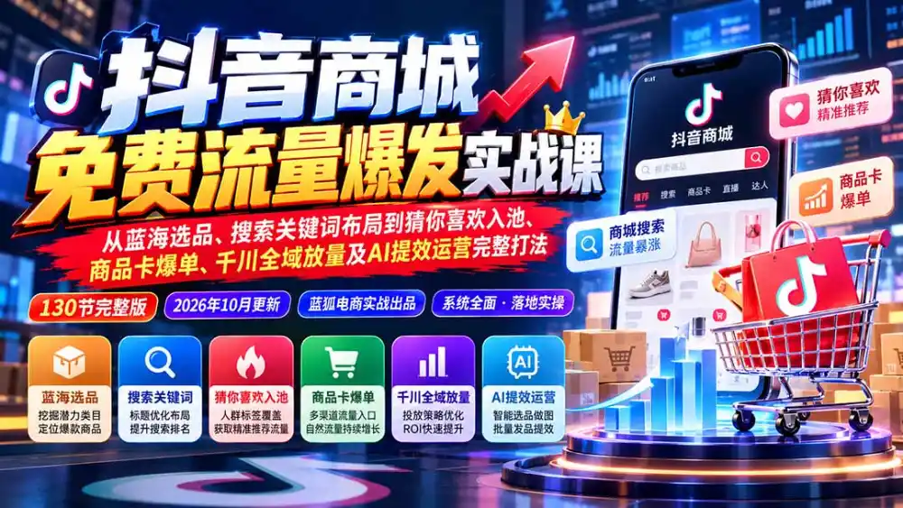 抖音商城免费流量爆发实战：从蓝海选品、搜索关键词布局到猜你喜欢入池、商品卡爆单、千川全域放量及AI提效完整打法-聚创源