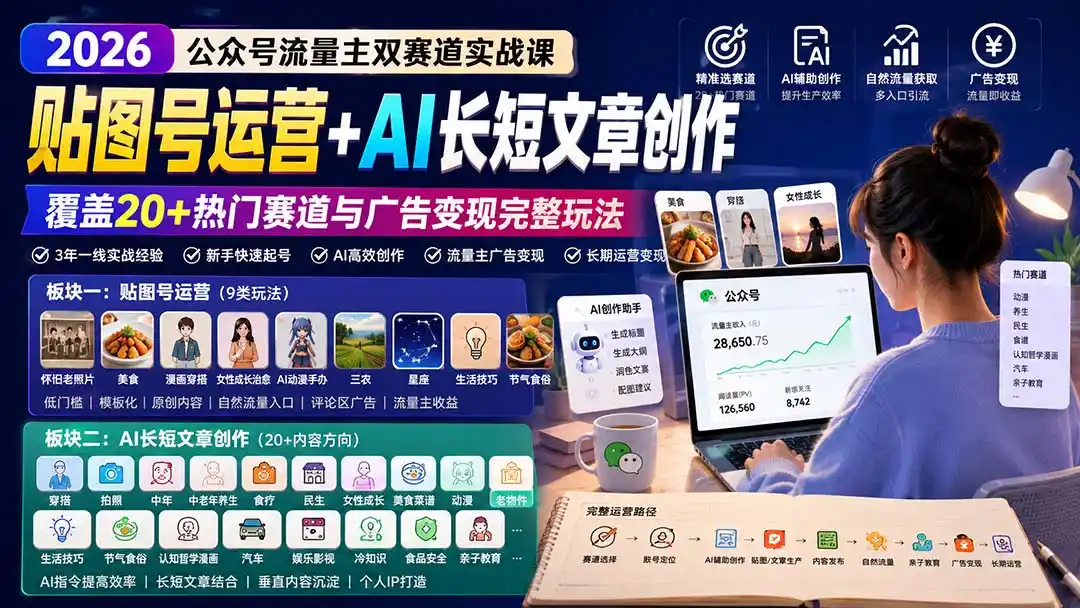公众号流量主双赛道实战课:贴图号运营+AI长短文章创作,覆盖20+热门赛道与广告变现完整玩法-聚创源
