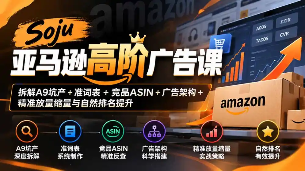 Soju亚马逊高阶广告课：拆解A9坑产+准词表+竞品ASIN+广告架构+精准放量缩量与自然排名提升-聚创源