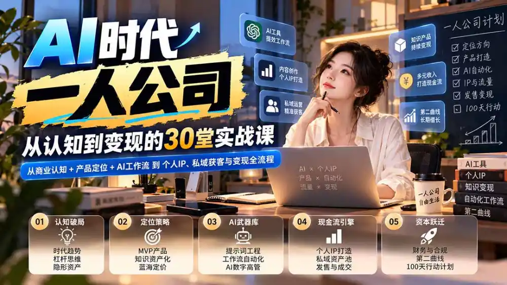 【无水印】AI时代一人公司30堂实战课：从商业认知+产品定位+AI工作流到个人IP、私域获客与变现全流程
