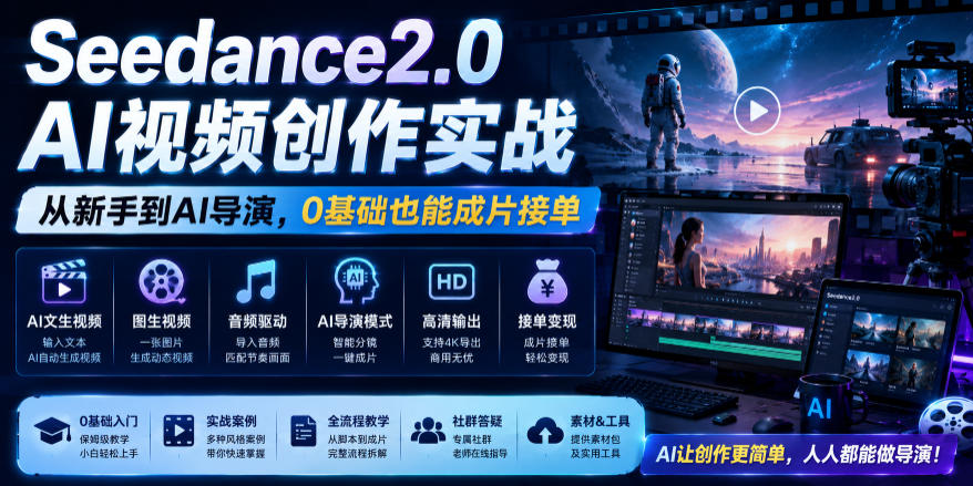 Seedance2.0 AI视频创作实战，从新手到AI导演，0基础也能成片接单变现-聚创源