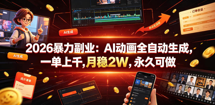 2026暴力副业：AI动画全自动生成，一单上千，月稳2W，永久可做【揭秘】-聚创源