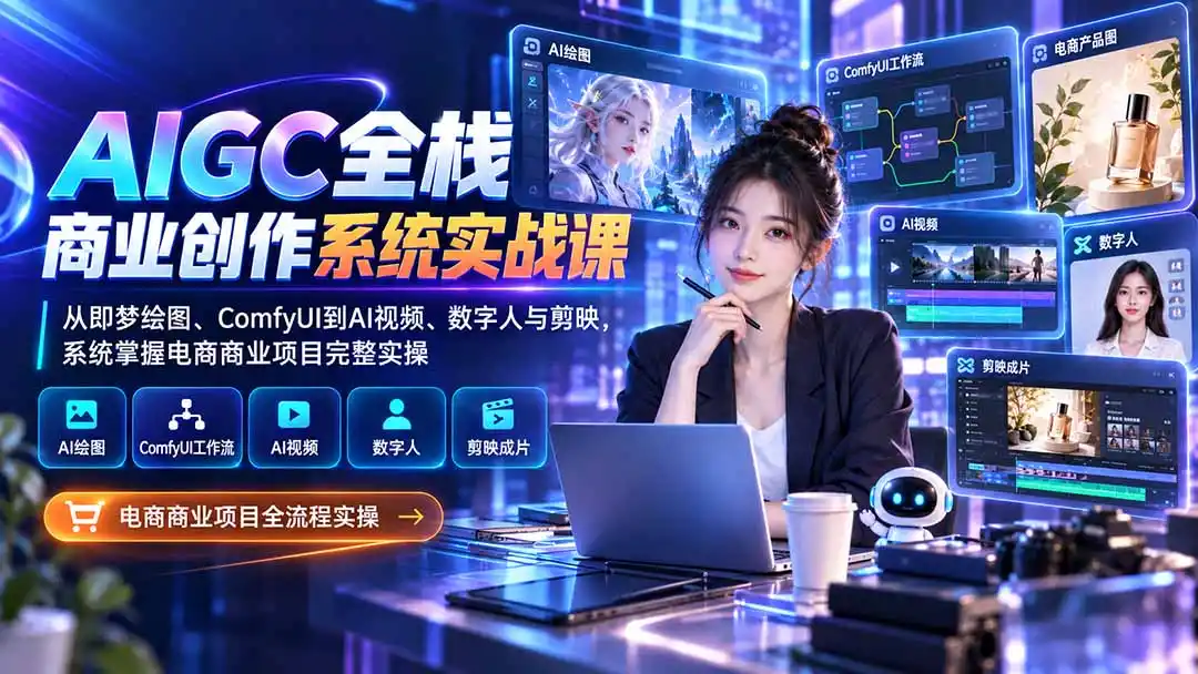 AIGC全栈商业创作系统实战课：从即梦绘图、ComfyUI到AI视频、数字人与剪映，系统掌握电商商业项目完整实操-聚创源