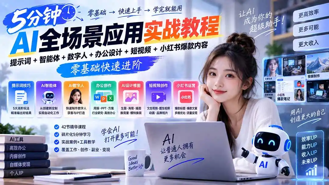AI全场景应用实战教程｜提示词+智能体+数字人+办公设计+短视频+小红书爆款内容，零基础快速进阶-聚创源