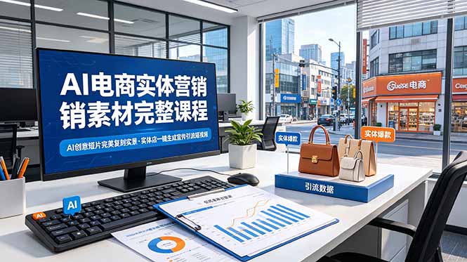 AI电商实体营销素材完整课程，AI创意短片完美复刻实景，实体店一键生成宣传引流短视频-聚创源