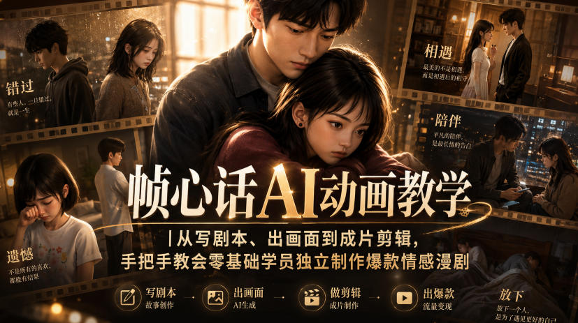 帧心话AI动画教学｜从写剧本、出画面到成片剪辑，手把手教会零基础学员独立制作爆款情感漫剧-聚创源