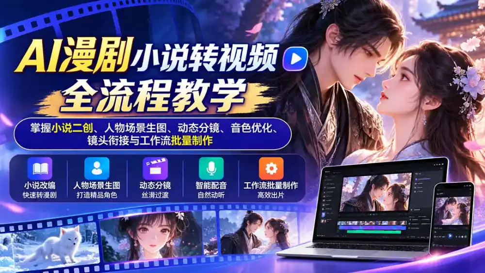 AI漫剧小说转视频全流程教学：掌握小说二创、人物场景生图、动态分镜、音色优化、镜头衔接与工作流批量制作-聚创源