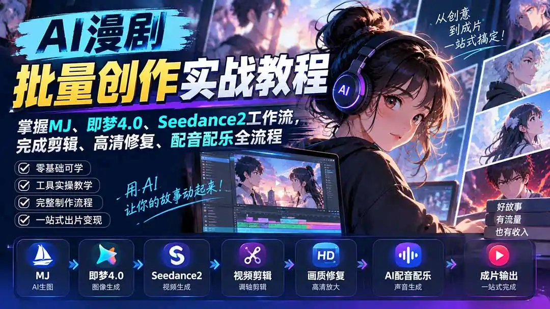 AI漫剧批量创作实战教程：掌握MJ、即梦4.0、Seedance2工作流，完成剪辑、高清修复、配音配乐全流程-聚创源