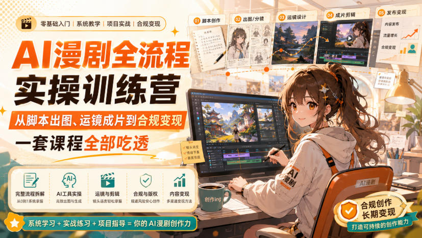 AI漫剧全流程实操训练营，从脚本出图、运镜成片到合规变现，一套课程全部吃透-聚创源