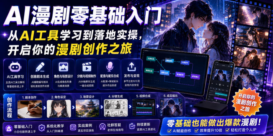 AI漫剧零基础入门，从AI工具学习到落地实操，开启你的漫剧创作之旅-聚创源