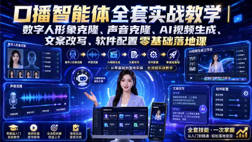 口播智能体全套实战教学｜数字人形象克隆、声音克隆、AI视频生成、文案改写、软件配置零基础落地课-聚创源