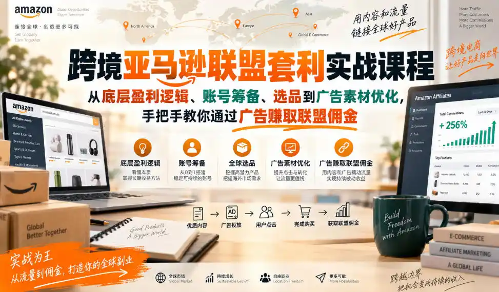 跨境亚马逊联盟套利实战课程，从底层盈利逻辑、账号筹备、选品到广告素材优化，手把手教你通过广告賺取联盟佣金-聚创源