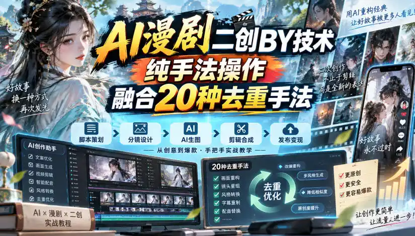 AI漫剧二创搬运技术，纯手法操作，融合20种去重手法-聚创源
