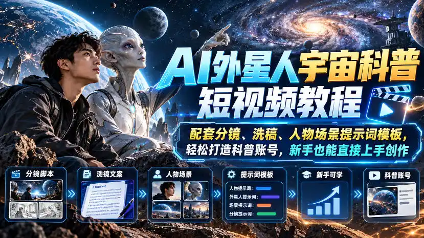 AI外星人宇宙科普短视频教程，配套分镜、洗稿、人物场景提示词模板，轻松打造科普账号，新手也能直接上手创作-聚创源