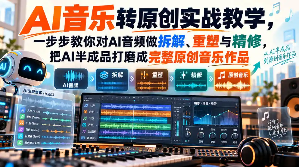 AI音乐转原创实战教学，一步步教你对AI音频做拆解、重塑与精修，把AI半成品打磨成完整原创音乐作品-聚创源