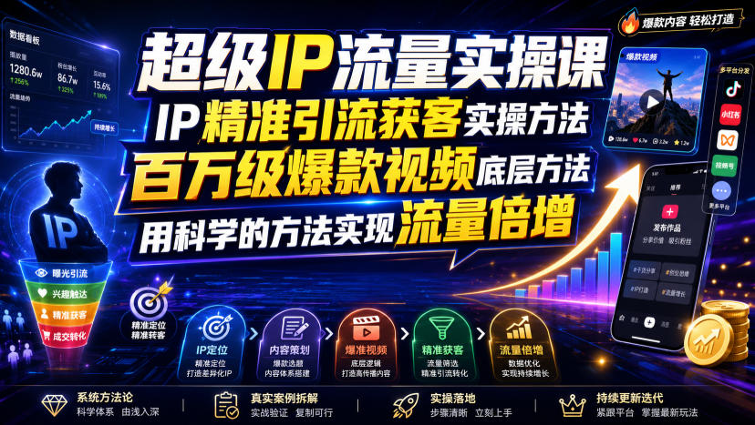超级IP流量实操课,IP精准引流获客实操方法,百万级爆款视频底层方法,用科学的方法实现流量倍增-聚创源