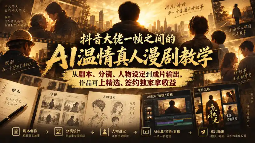 抖音大佬一帧之间的AI温情真人漫剧教学，从剧本、分镜、人物设定到成片输出，作品可上精选、签约独家拿收益-聚创源