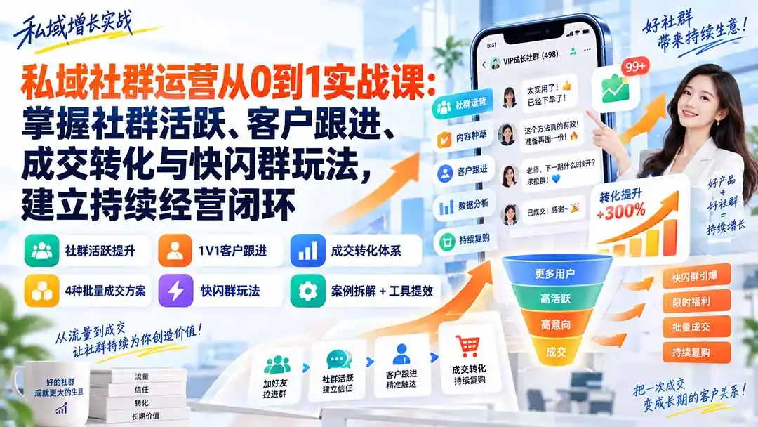 私域社群运营从0到1实战课：掌握社群活跃、客户跟进、成交转化与快闪群玩法，建立持续经营闭环-聚创源
