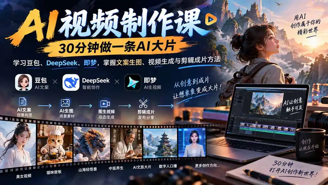 AI视频制作课-30分钟做一条AI大片：学习豆包、DeepSeek、即梦，掌握文案生图、视频生成与剪辑成片方法-聚创源