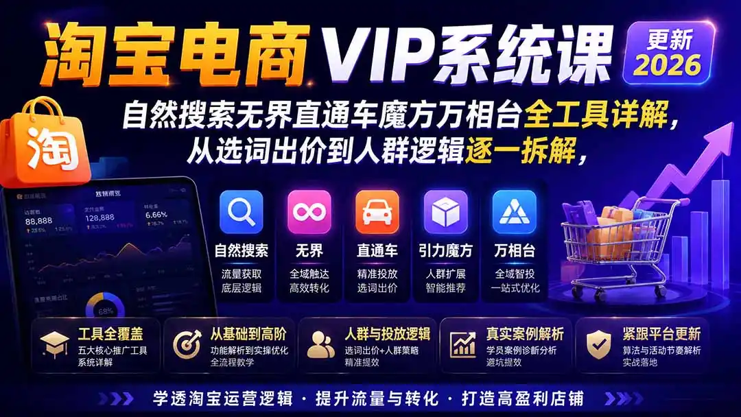 淘宝电商VIP系统课-更新8月；自然搜索无界直通车魔方万相台全工具详解，从选词出价到人群逻辑逐一拆解-聚创源