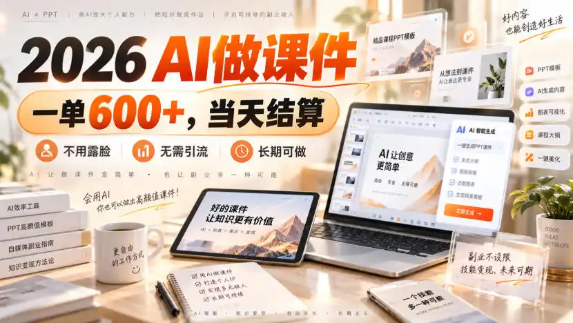 2026 AI做课件，一单600+，当天结算，不用露脸，无需引流，长期可做【揭秘】-聚创源