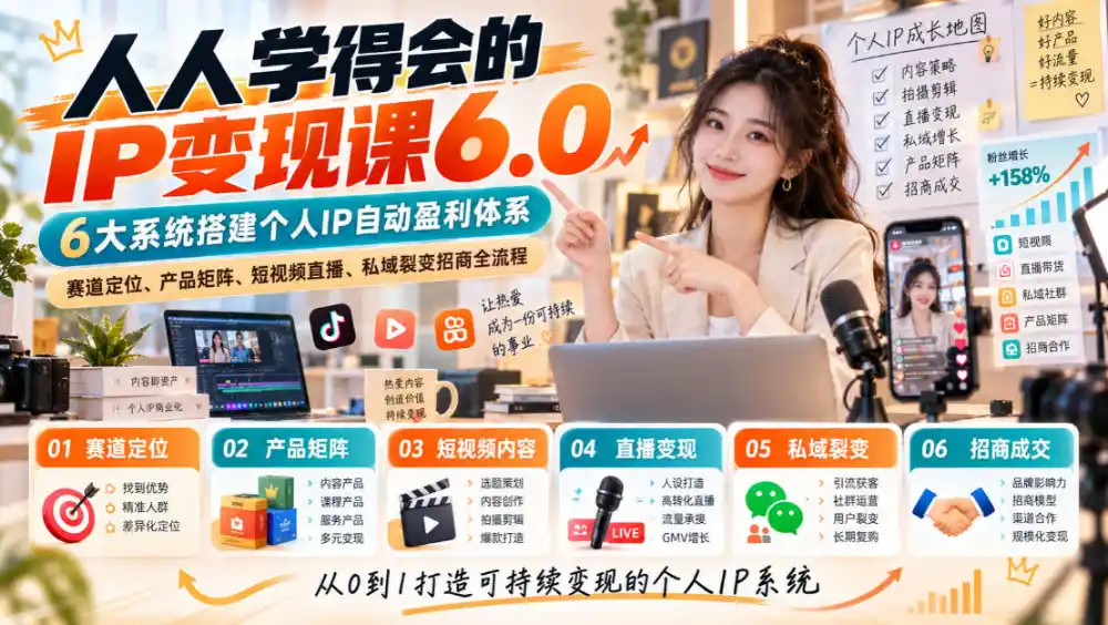 人人学得会的IP变现课6.0，6大系统搭建个人IP自动盈利体系，赛道定位、产品矩阵、短视频直播、私域裂变招商全流程-聚创源
