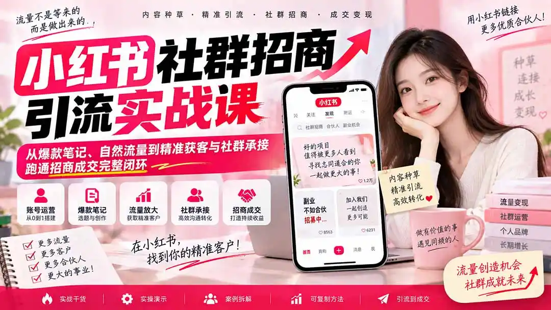 小红书社群招商引流实战课-无水印：从爆款笔记、自然流量到精准获客与社群承接，跑通招商成交完整闭环-聚创源