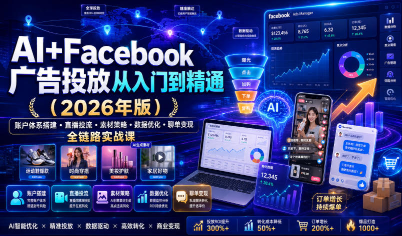 AI+Facebook广告投放从入门到精通(2026年版)|账户体系搭建・直播投流・素材策略・数据优化・聊单变现全链路实战课-聚创源
