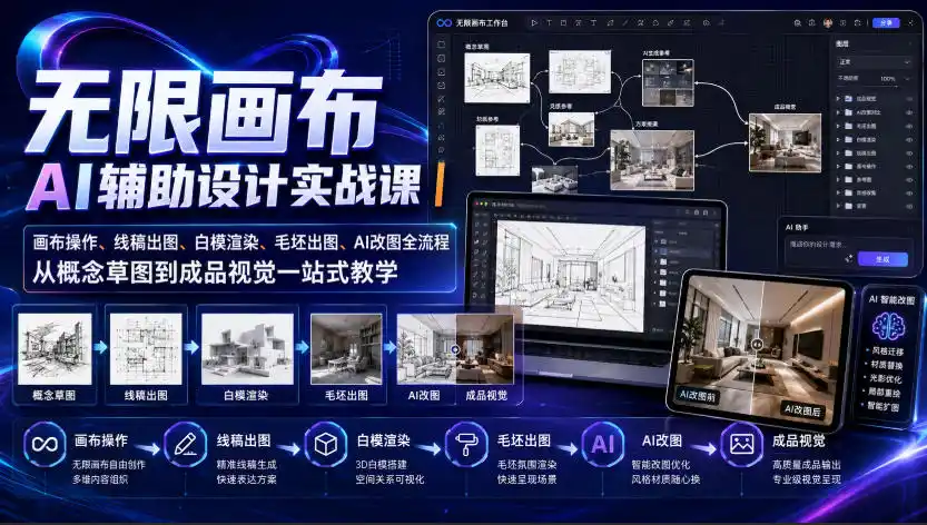 无限画布AI辅助设计实战课｜画布操作、线稿出图、白模渲染、毛坯出图、AI改图全流程，从概念草图到成品视觉一站式教学-聚创源
