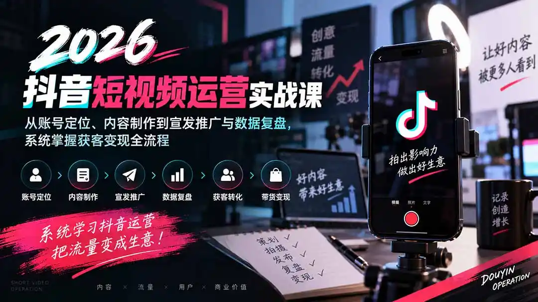 2026抖音短视频运营实战课:从账号定位、内容制作到宣发推广与数据复盘,系统掌握获客变现全流程-聚创源