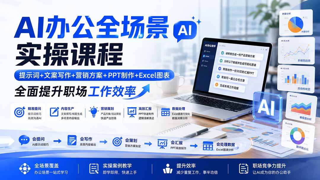 AI办公全场景实操课程：提示词+文案写作+营销方案+PPT制作+Excel图表，全面提升职场工作效率-聚创源