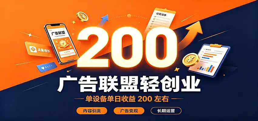 广告联盟轻创业，单设备单日收益200左右，内容引流广告变现长期运营-聚创源