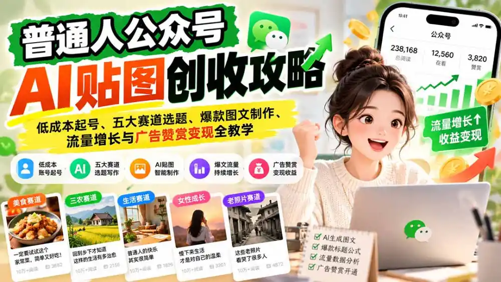 普通人公众号AI贴图创收攻略：低成本起号、五大赛道选题、爆款图文制作、流量增长与广告赞赏变现全教学-聚创源