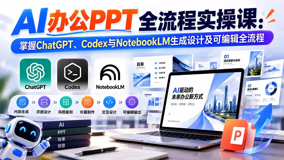 【无水印】AI办公PPT全流程实操课： 掌握ChatGPT、Codex与NotebookLM生成设计及可编辑全流程-聚创源