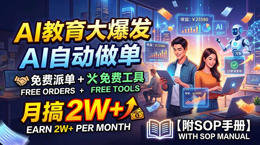 AI教育大爆发,AI自动做单,免费派单+免费工具,月搞2W+【附SOP手册】-聚创源