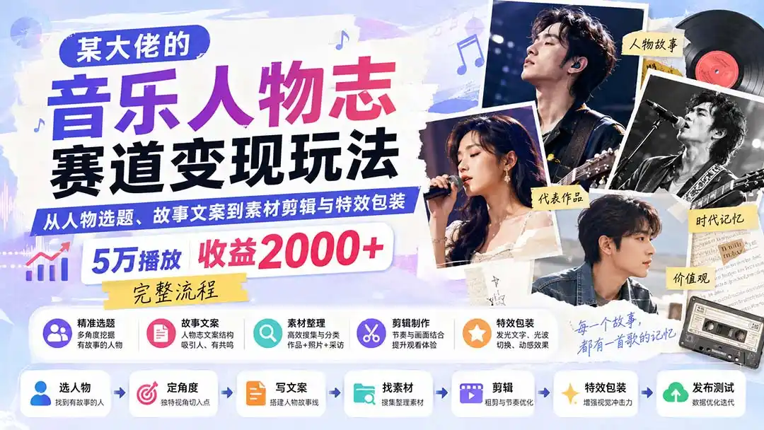 某大佬的音乐人物志赛道变现玩法：从人物选题、故事文案到素材剪辑与特效包装，5万播放收益2000+完整流程-聚创源