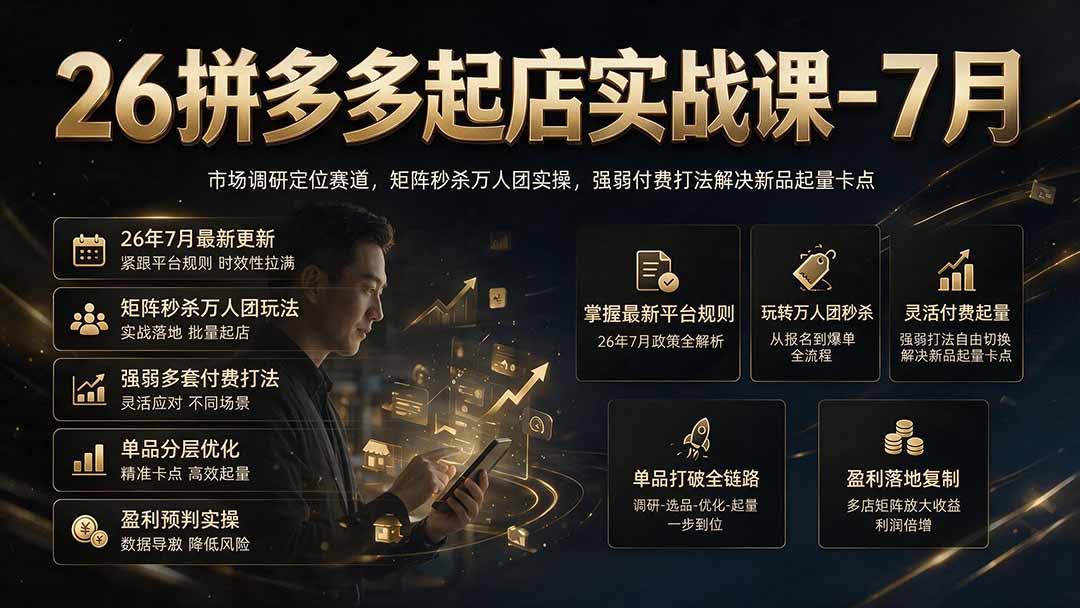 26拼多多起店实战课-7月｜市场调研定位赛道，矩阵秒杀万人团实操，强弱付费打法解决新品起量卡点-聚创源