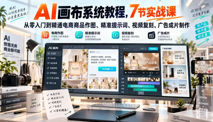 AI画布系统教程，7节实战课从零入门到精通电商商品作图、精准提示词、视频复刻、广告成片制作-聚创源