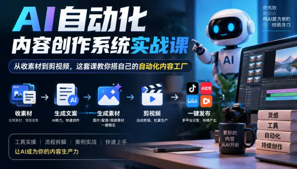 AI自动化内容创作系统实战课，从收素材到剪视频，这套课教你搭自己的自动化内容工厂-聚创源