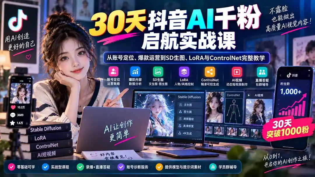 30天抖音AI千粉启航实战课：从账号定位、爆款运营到SD生图、LoRA与ControlNet完整教学-聚创源