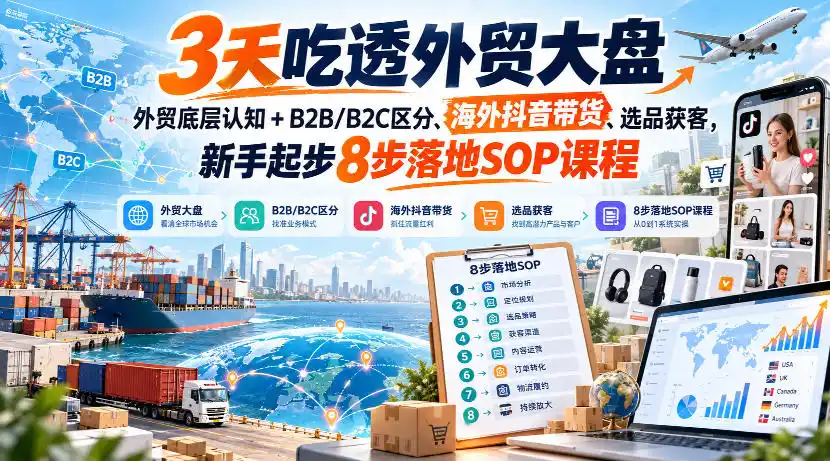 3天吃透外贸大盘，外贸底层认知+B2B/B2C区分、海外抖音带货、选品获客，新手起步8步落地SOP课程-聚创源