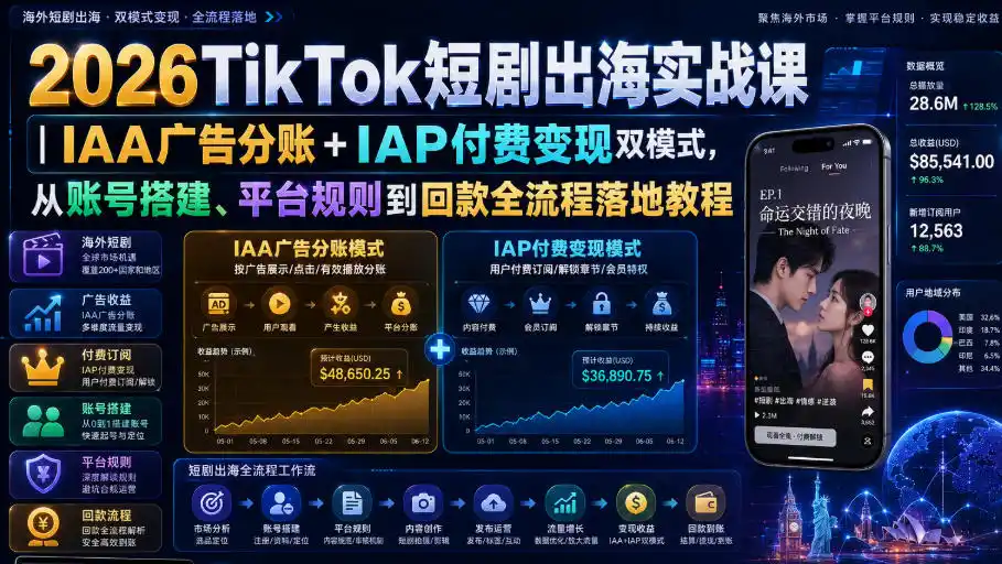 2026TikTok短剧出海实战课|IAA广告分账+IAP付费变现双模式,从账号搭建、平台规则到回款全流程落地教程-聚创源