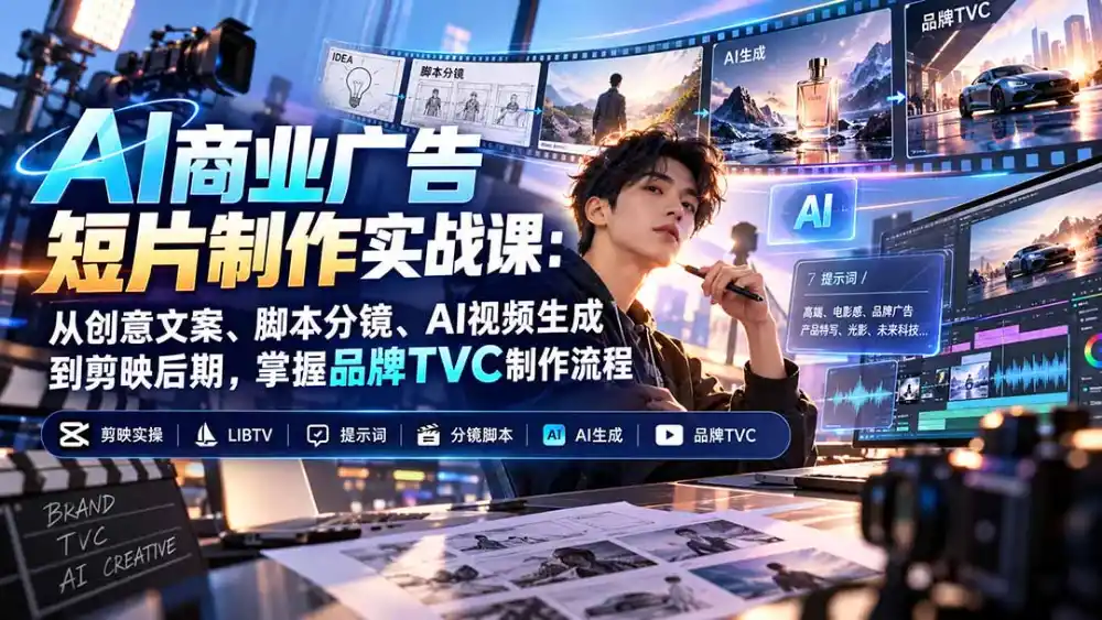 AI商业广告短片制作实战课：从创意文案、脚本分镜、AI视频生成到剪映后期，掌握品牌TVC制作流程-聚创源