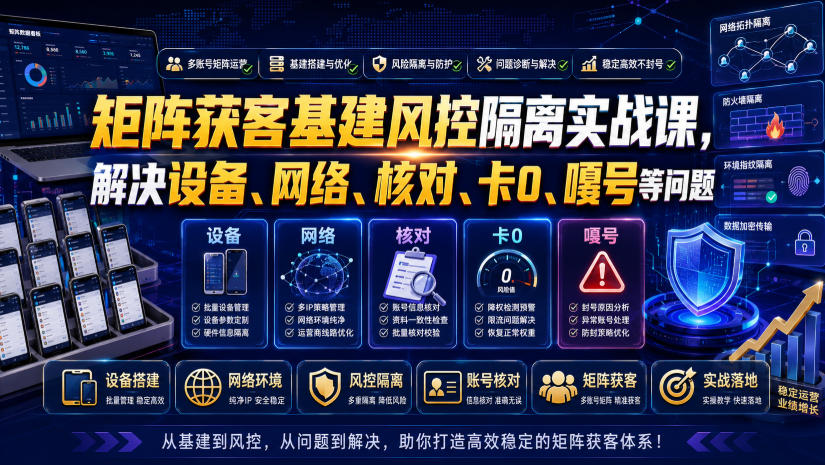 矩阵获客基建风控隔离实战课,解决设备、网络、核对、卡0、嘎号等问题-聚创源