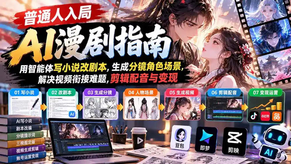 【无水印】普通人入局AI漫剧指南：用智能体写小说改剧本，生成分镜角色场景，解决视频衔接难题，剪辑配音与变现-聚创源